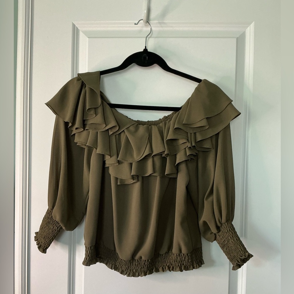 MISA Los Angeles Women’s Ruffle Off Shoulder Blouse Olive Green (Size XS)